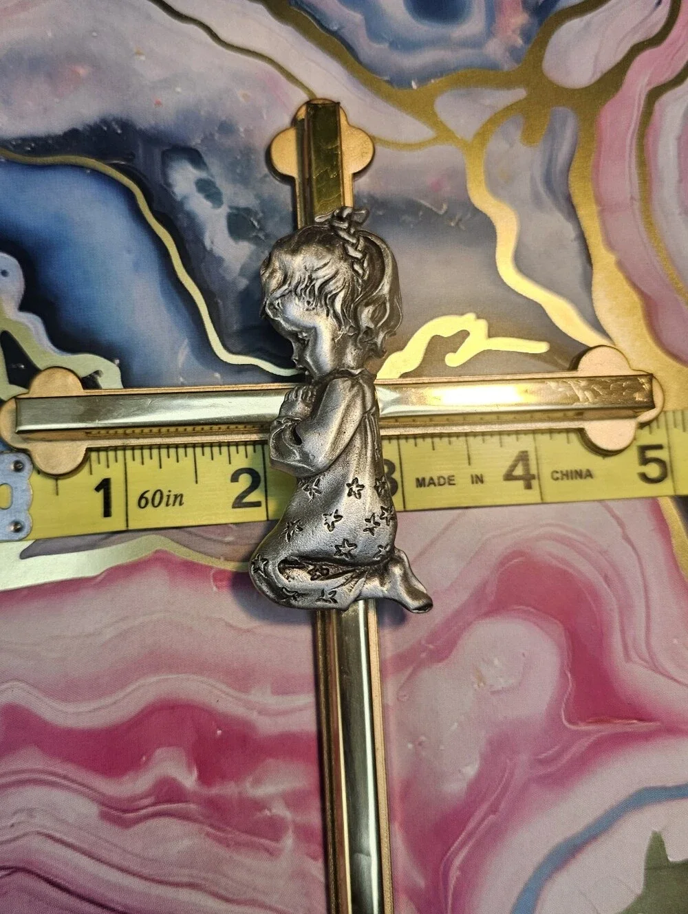 Gorham Gold Tone Wall Cross With Silver Praying Girl Religious Decor 5